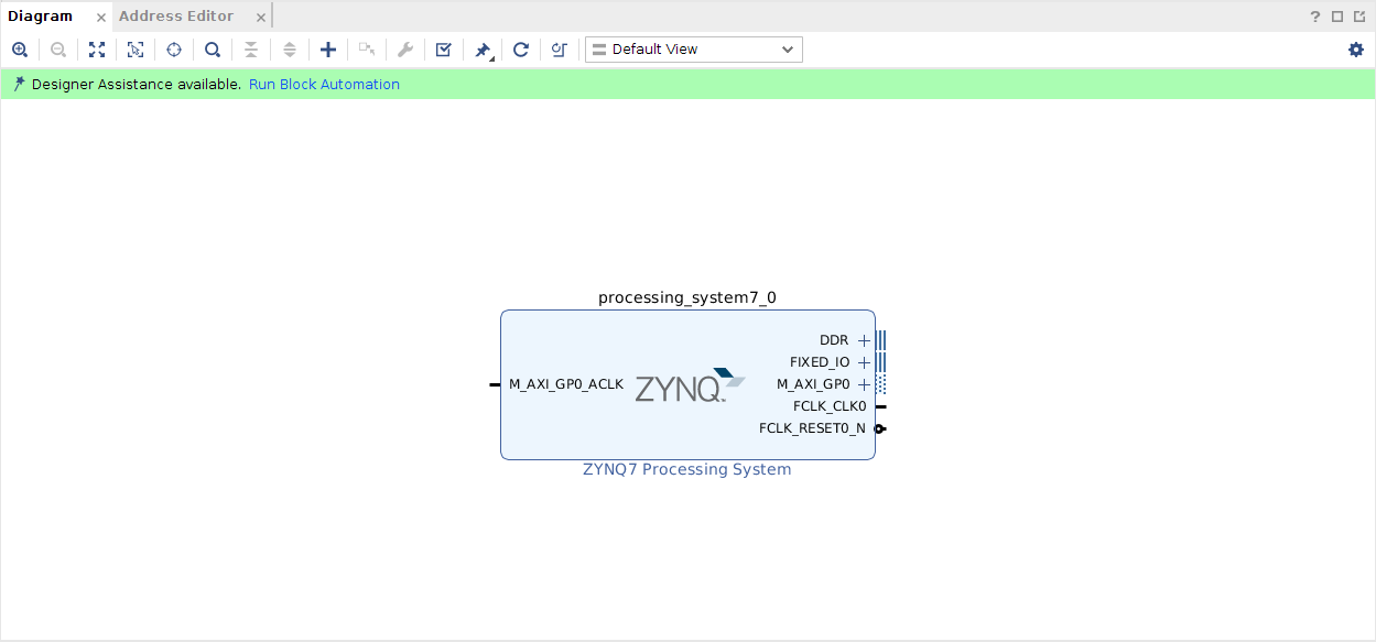 Vivado Block Diagram view with ZYNQ processing system.